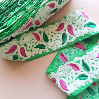 Green / Blue Fabric Trim With Off White, Pink And Green Embroidery, 75mm wide - 200317L520/21